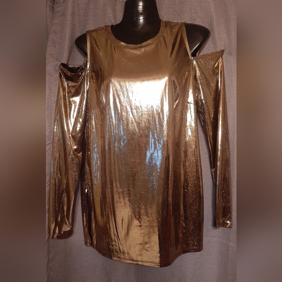 Michael Kors Slick Foil Cold Shoulder Long Sleeve Metallic Liquid Gold Top M - Picture 4 of 11